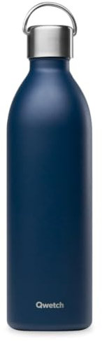 Qwetch - Bouteille Isotherme Active Bleu Marine 1L - Gourde avec Anse Inox Recyclé - 24h Froid et 12h Chaud - Etanche, Sans BPA & Compacte