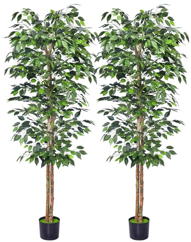 HAIHONG 2Packs 6FT Artificial Ficus Trees with Realistic Leaves and Natural Trunk, Faux Ficus Tree with Sturdy Plastic Nursery Pot, Fake Ficus Tree for Office Home Farmhouse for Indoor Outdoor Decor