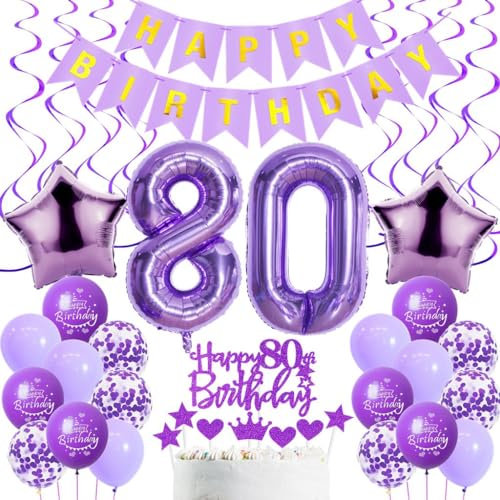 Luftballons 80. Geburtstag Frau Deko, Lila 80. Geburtstag Party Deko, Geburtstagsdeko 80 Jahre Frauen Lila, 80. Geburtstag Dekoration Frau, Lila 80. Tortendeko Geburtstag,80. Ballon Lila