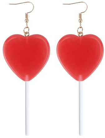 Candy Ohrringe, Niedlich Lollipop Ohrringe Liebhaber-Herz-Ohrringe Harz Legierung Baumelnde Ohrringe Herzförmige Ohrringe Baumelnde Ohrringe für Frauen Mädchen Musikfans (Rot)