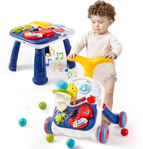 Hawthyhome 3 in 1 Lauflernhilfe Baby, Baby Spiel- und Laufwagen, Lauflernwagen und Abnehmbarem Spielboard, Faltbar Gehspielzeug mit Rollen Musik, für Kinder von 12-36 Monaten