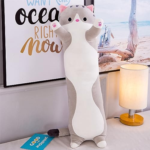 XXL 130CM Plüschtier-Katzenkissen ohne Reißverschluss, Kätzchen-Kuscheltier, Seitenschläferkissen, Wurfkissen, Stofftier, Geburtstagsgeschenk für Freundin, Kinder, Freund, Liebhaberin (Grau)