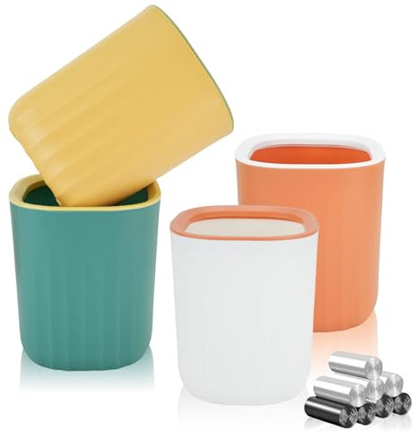4PCS Mini Desktop Trash Bin, Colourful Wastebasket Bathroom Bins with 8 Rolls Bin Liners, Small Plastic Tea Bag Trash Can 12.5*12.5*15cm, Office Desk Compact Design Cosmetic Bin (Light Color)