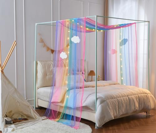 WANFASO Betthimmel mit Licht, Betthimmel, Betthimmel, Bettschal, Volant mit Wolkenornamenten, Betthimmel für Mädchen, Bettwäsche, Dekoration (Doppelbett, Regenbogen)