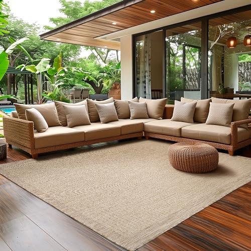 SIMPEX Outdoor Teppich Wetterfest Terrasse Balkon Garten Küchenteppich Einfarbiges Design Flachgewebe Sisal Look Waschbarer Teppich, Größe: 140 x 200 cm, Farbe: Beige