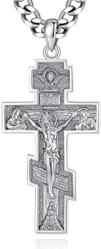 INFUSEU Kruzifix Kreuz Kette, 925 Sterling Silber Jesus Anhänger Stahl Orthodoxer Christlicher Schmuck Byzantinisches Amulett Katholischer Schutz Verstellbar Geschenk für Männer Und Frauen