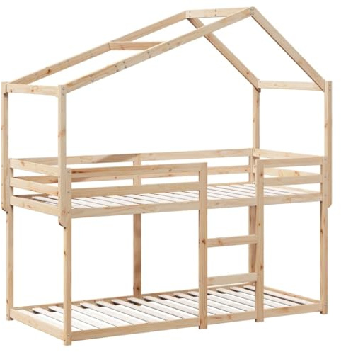 vidaXL Etagenbett, Hochbett mit Dach Leitplanken, Stockbett für Schlafzimmer, Bett Holzbett Einzelbett, 80x200cm Massivholz Kiefer