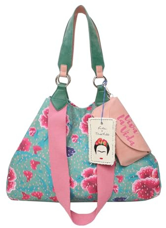 Fritzi x Frida Kahlo Izzy Limited Denim Shopper Damen Schultertasche Handtasche Freizeit Alltag Arbeit Festival Druckknopf Canvas 29 x 42 x 15 cm – Rosa, Pink, Lila, Grün, Orange, Blau
