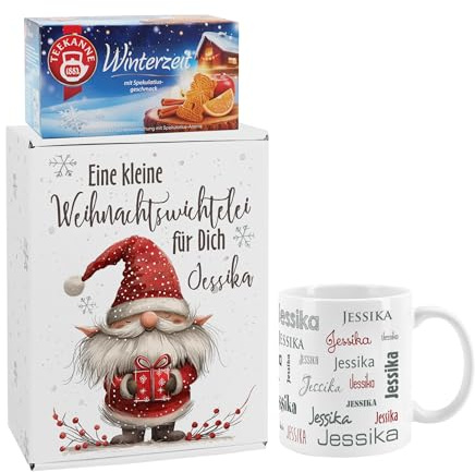 Herz & Heim® Kleines Tee Geschenkset mit Tasse, Tee und Geschenkverpackung, personalisiert (Weihnachtswichtelei)