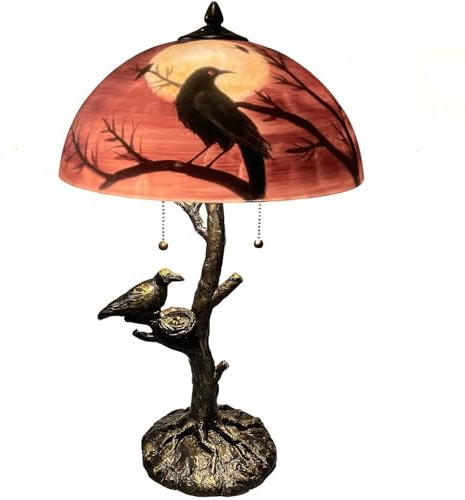 Bieye L30969 Krähe auf einem Ast sitzend mit Vollmond im Hintergrund, handbemalte Glas-Tischlampe mit Krähennest-Lampensockel für die Inneneinrichtung (Schwarz und Rot, 14 T x 14 B x 22 H)
