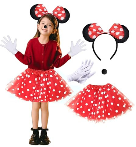 JMOCD Mouse Costume for Girls,4Pcs Minnie Fancy Dress Up Costume wit Red Tutu Skirt,Mouse Ears Bow Headbands,White Gloves,Nose,Carnival Mouse Costumes for Christmas Halloween Carnival Party Cosplay