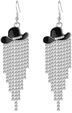 Western Hut Ohrringe, Strass Quasten Ohrringe mit Emaille-Cowgirlhut Glänzende Cowgirlhut-Ohrhänger Country-Konzert-Accessoire Cowgirl Accessoires für Frauen