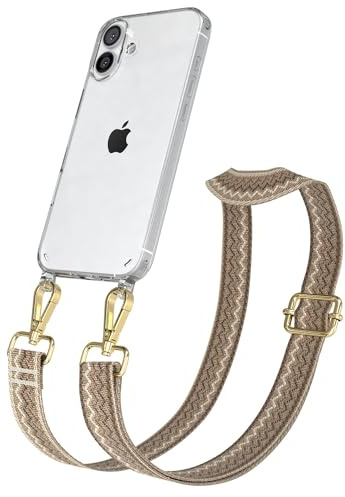 EAZY CASE Handykette - Verstellbares Taschenband kompatibel mit iPhone 16 Plus, Schulterriemen, Handykordel mit Silikon Hülle, Umhängetasche, Hell Braun Braun Gold