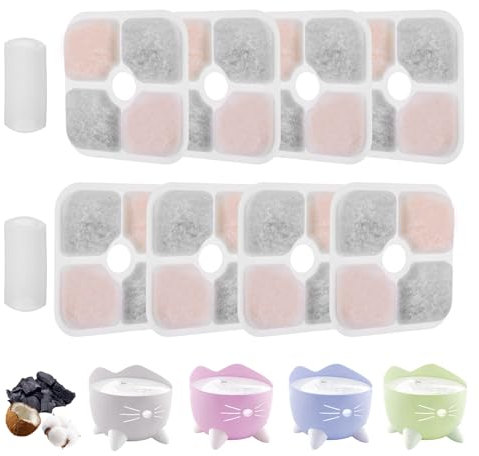 Katzenbrunnen Filter für Catit Filter Trinkbrunnen, Filter Katzenbrunnen für Catit Trinkbrunnen mit 2 Schläuche, Dreifaches Filtersystem Ersatzfilter mit Harz und Aktivkohle (8 Stück, M)