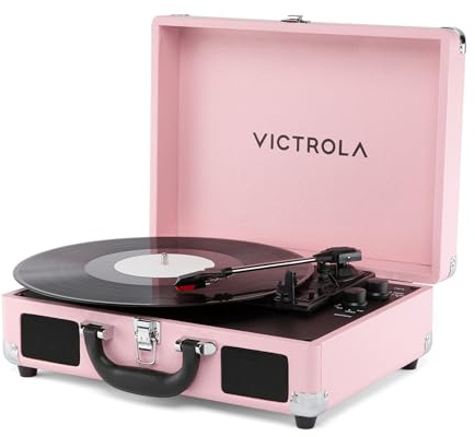 Victrola Journey II (2025 Model) – Bluetooth Suitcase Record Player – Built-in Stereo Speakers with Enhanced Bass, 3-Speed Turntable, Bluetooth Input and Output, RCA & Headphone Outputs (Pink)