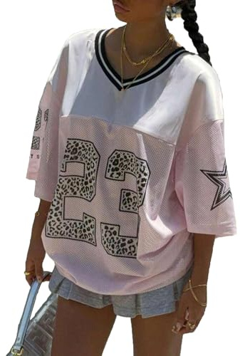 ensswliz – T-shirts en jersey pour femmes Y2k oversized avec graphismes numériques, col en V, décontracté, jersey d’été, sportif, esthétique, preppy, streetwear, c-rose, M