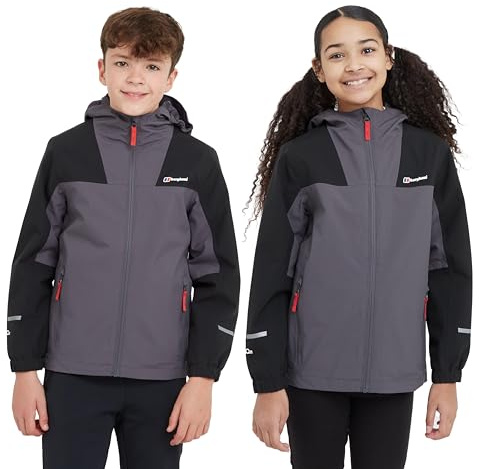 Berghaus Kids' Linton Waterproof Jacket with Hood and 2 Zipped Pockets, Lightweight, Windproof & Breathable Raincoat for Boys & Girls (UK, Age, 5 Years, 6 Years, Regular, Grey)