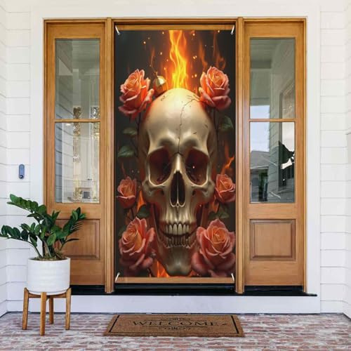Türabdeckungen Dekorationen – Totenkopf-Rose, Feuer-Druck, Nr. 888, Frühling-Sommer-Türbanner für vorne, Herbst-Winter-Schild, Abdeckung, Banner, hängender Hintergrund für Außen- und Innenbereich