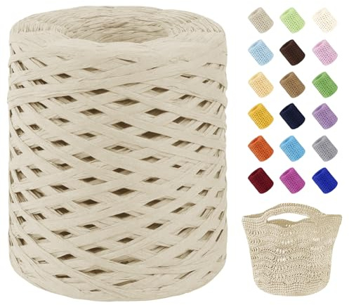 Uiopa Raffia Garn zum Häkeln, 3mm x 200m Papiergarn Raffia Bast Bändchengarn zum Häkeln, Natur Bastband Häkelgarn für Strandtasche, Hüte, Körbe, Geschenkverpackung, DIY-Handwerk