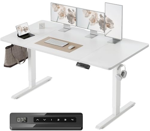 Cubiker Electric Standing Desk 160 x 80 cm, Height Adjustable Sit Stand Desk with Memory Presets, Home Office Computer Desk, White Frame with White Top