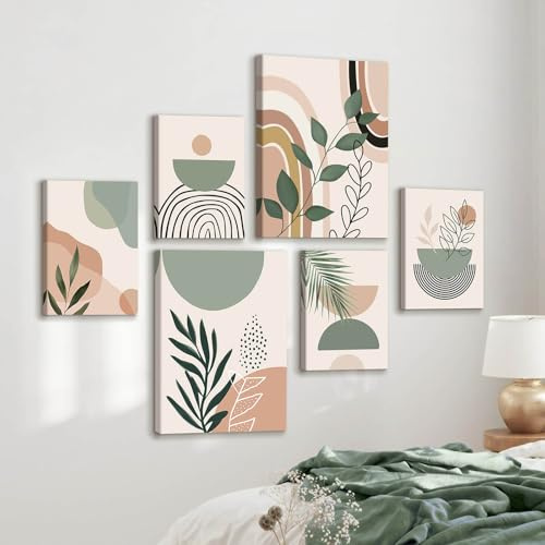 WENGTIAO 6 Pezzi Stampa su Tela Boho Astratto Verde Beige Incorniciato | Quadro su Tela Minimaliste Geometrico Botaniche Pittura Quadri Moderni Soggiorno Camera da Letto Casa Decorazioni Parete
