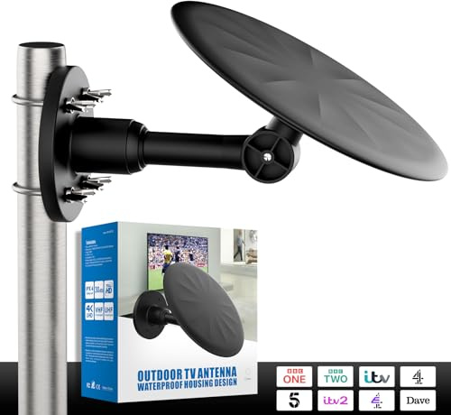 Antenna TV esterna con amplificatore di segnale - Ricezione a lungo raggio 360° DVB-T2/TNT HD - Compatibile con TV digitale, Full HD e 4K UHD - Antenna rastrello resistente alle intemperie - Cavo