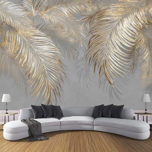 Pflanzen Motiv Fototapete, 3D Effekt Grau Gold Palmblätter Muster Wandtapete Schlafzimmer, 250x175cm (B×H) Seidenstoff Wanddeko Tapete, Wohnzimmer Kinderzimmer Dekoration