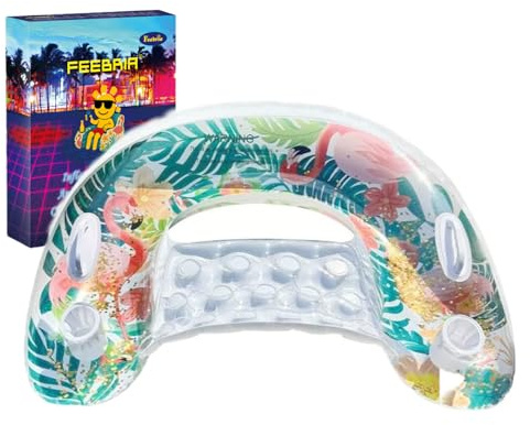 Leuchtender Flamingo aufblasbarer Pool-Liegestuhl mit Glitzer, luxuriöser schwimmender Wasserstuhl mit Rückenlehne & Getränkehaltern, ästhetische tropische Pool-Floaties für Sommerparty, Strand