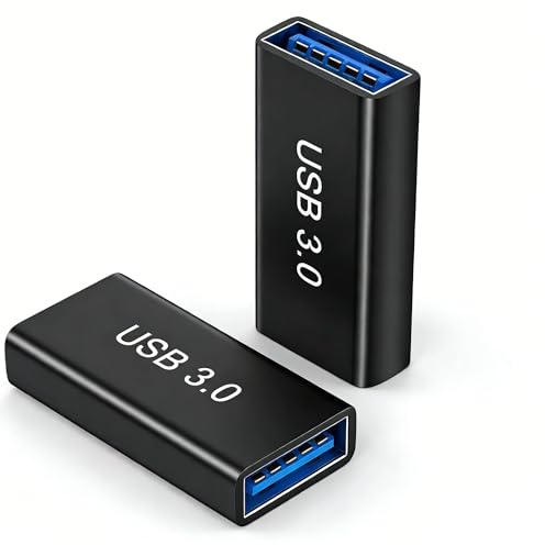 USB 3.0 Female Couplers, 5Gbps Extension for USB-A Cables, 2 Pack, Black | Plug-and-play aluminium adapters for connecting two USB-A male cables, with fast data transfer and 5V/3A charging support