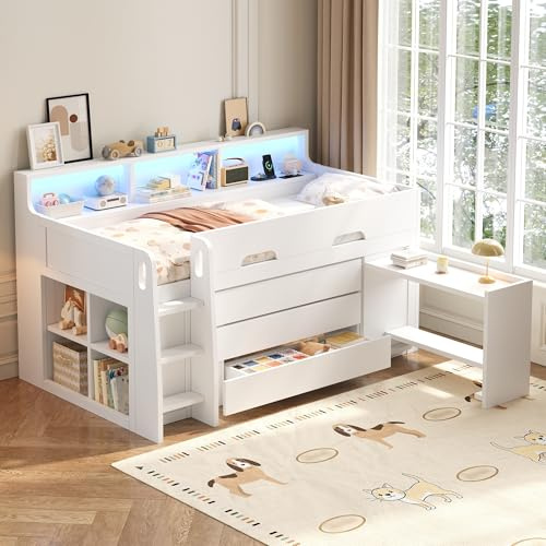 Kinderbett Hochbett 90x200, Halbhochbett mit 3 Schubladen&mehreren Staufächern&LED-Lichtleiste&USB-Anschlüssen&beweglichen Schreibtisch, Jugendbett mit Rausfallschutz&Lattenrost, Ohne Matratze, Weiß