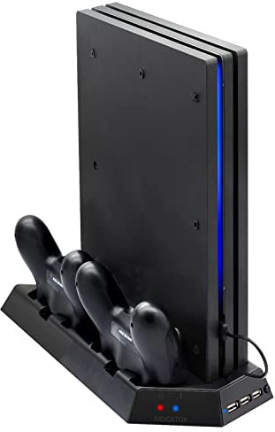 FASTSNAIL Vertical Stand Compatible with PS4 Pro with Cooling Fan, Controller Charging Station Compatible with Playstation 4 Pro, Charger for DualShock 4 Controllers with LED Charging Indicator