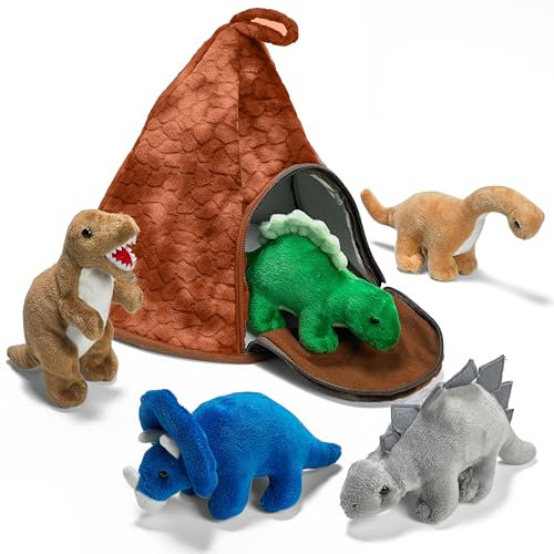 Prextex Dinosaurier Vulkanhaus Set Mit 5 Hochwertigen Plüsch Dinosauriern, Super Kinder Spielzeug Für Pädagogische Interaktion, Spaß Und Lernen, Perfekt Für Dinosaurier Liebhaber Und Sammler