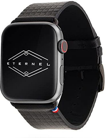 Eternel - Carbone Bracelet raffiné - Compatible toutes Apple Watch - 45/46mm - Fait main en France - Tannage végétal - Noir - Adaptateurs acier inoxydable