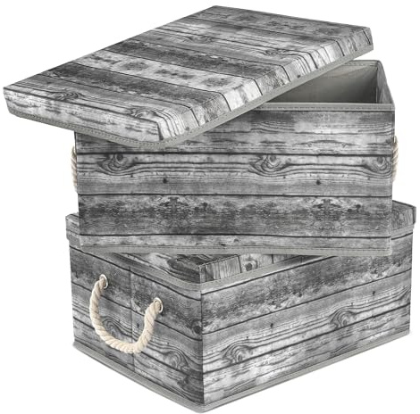 Sorbus® Aufbewahrungsbox-Set mit Deckel, Tragegriffen, faltbarer Rahmen, rustikale Holzmaserung, ideal für Spielzeug, Erinnerungsstücke, Schrank, Büro, Schlafzimmer, 2er-Pack (Holzbox-Set – grau)
