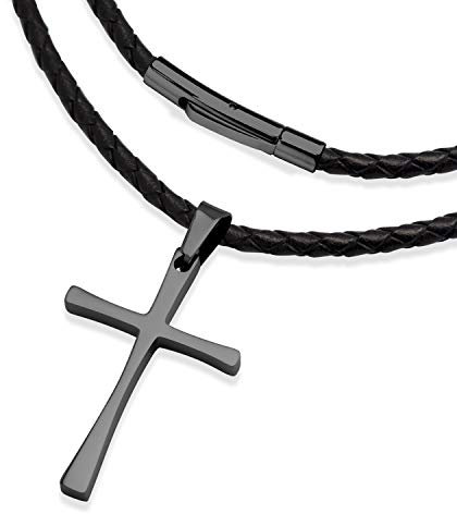 555Jewelry Stainless Steel Metal Cross Braided Rope Cord Unisex Women Men Religious Christian Prayer Vintage Fashion Jewelry Pendant Hanging Necklace, Black & Black 24 Inch