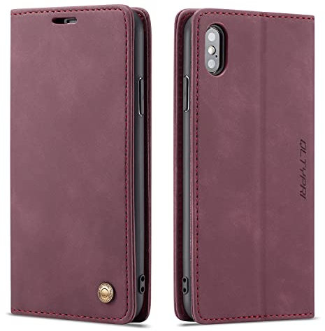 QLTYPRI Hülle für iPhone X XS, Vintage Dünne Handyhülle mit Kartenfach Geld Slot Ständer PU Ledertasche TPU Bumper Wallet Case Flip Schutzhülle Kompatibel mit iPhone X XS - Rot