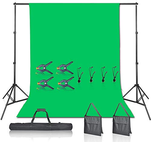 EMART Foto Fondo Stand,2x3m Ajustable Fondo Sistema Fotografía Kit con Fondo de Pantalla Verde,Foto Fondo Stand con 4 Abrazaderas de Fondo, 2 Sacos de Arena para Retrato de Estudio Fotográfico