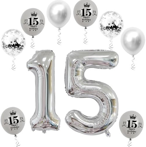 XL Folienballon 15 Geburtstag, Folienballon Zahl 15, Zahl 15 Silber, Luftballons Zahl 15, Nummer 15 Luftballon Silber, 32 Geburtstagsdeko Ballon 15