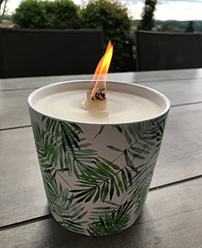 WeberHomemade® | Wachsfresser | Kerzenfresser | Schmelzlicht mit Dauerdocht & handgefertigten Dochthalter | Palme weiß | Ø 13 cm | nachhaltige & wiederbefüllbare Outdoor Kerze | ewige Brenndauer