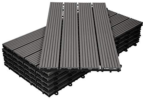 ECD Germany Piastrelle per Pavimenti da Esterno Piastrelle per Terrazze in WPC 60x30 cm Set di 12 Pezzi 2m ² Antracite con Aspetto Legno Piastrelle da Giardino con Drenaggio e Sistema Plug-in