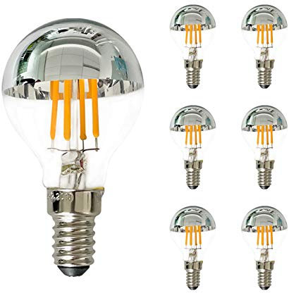 Edison LED-Lampe G45 / G14 4W, LED-Glühbirne mit Silberner Spitze, 40-Watt-Äquivalent, Kandelabersockel E14, Warmweiß 2700K, Dimmbar Verspiegelte Glühbirne 6Stück