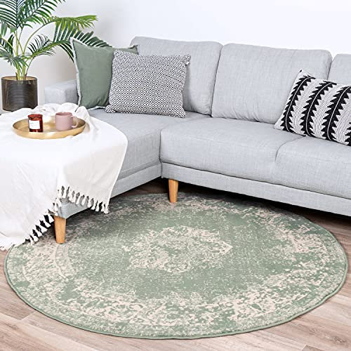 FRAAI | Home & Living Teppich Vintage Rund - Wonder Grün - Polypropylen - Kurzflor - Vintage - Orientalisch - Wohnzimmer, Esszimmer, Schlafzimmer - Carpet