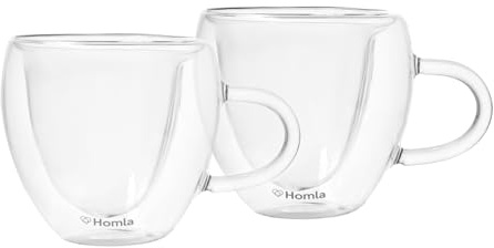 HOMLA Cembra Doppelwändiges Glas Herzform - 2er Set Becher Tasse - Für Kaffee Tee Latte Macchiato Capuccino - Spülmaschinenfest Höhe 9 cm Hoch 0,3 l Kapazität