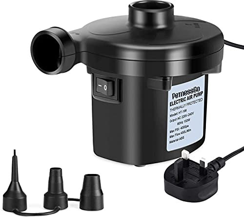 PeTnessGO Electric Air Pump, portable quick fill AC Inflator Deflator with 3 Nozzles 220V AC/150W 50/60Hz Quick Fill Electric Pump for Inflatable Air Mattress Pump Air Bed Pool Toy Raft Boat (Home)