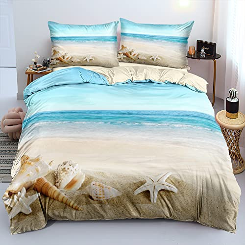Gezu Maritime Bettwäsche 135x200cm Meer Strandmotiv Muschel Blau Kinder Wende Bettwäsche Set 3D Effekt Druck Bettbezug und Kissenbezug 80x80cm mit Reißverschluss