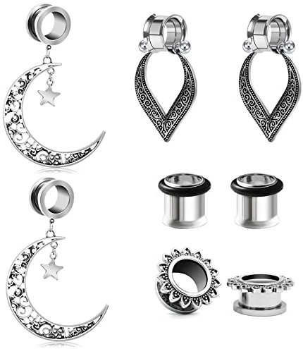 VF VFUN 4 Pairs Dangle Ear Plugs Tunnels Stainless Steel Pendant Ear Gauges Expander Stretcher Ear Piercing Jewelry-6MM