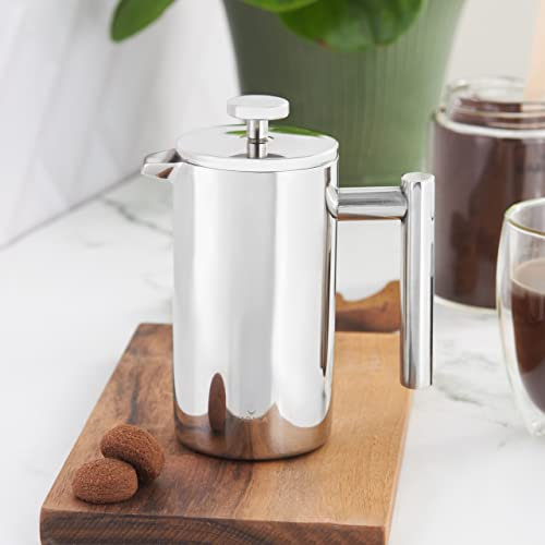 KARACA Cafetière à piston double paroi en acier inoxydable 350 ml avec couvercle en acier inoxydable, cafetière à piston pour la maison, cafetière à piston
