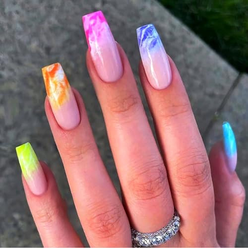 Brishow French Faux Ongles Rainbow Press on Nails Rosa Long Faux Ongles Ballerine Acrylique fake nails 24pcs pour Femmes et Filles