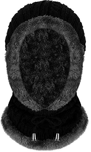 Geyoga Sturmhaube für Damen Winter Mützen Skimaske Ohren Gesicht Halswärmer mit Kordelzug Thermische Mütze Schal Vlies Strick Sturmhaube (Schwarz)