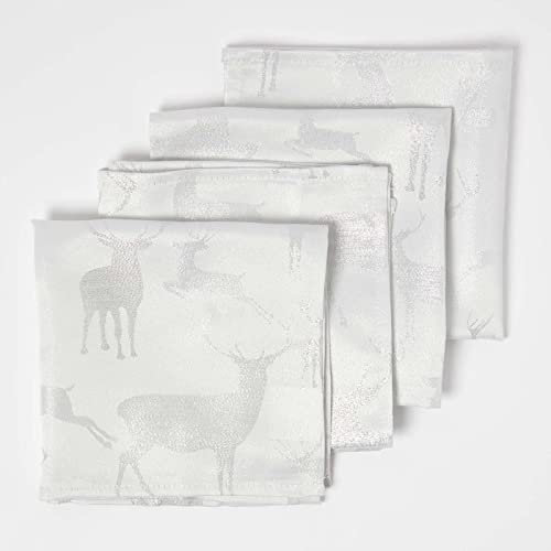Homescapes 4 Hirsch-Deko Weihnachtsservietten Silber 43x43 cm, 4er-Set Stoffservietten mit Hirsch-Print in Silber-Metallic